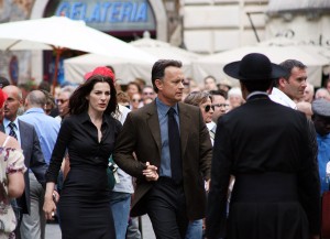 U.S. actor Tom Hanks (2nd L)) and Israeli actress Ayelet Zurer (L) work on the set of the movie "Angels And Demons" at the Pantheon on June 9, 2008 in Rome, Italy.