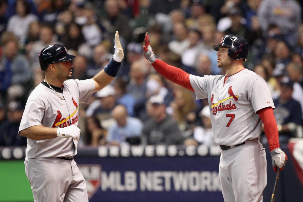 Cardinals Baseball Albert Pujols High Five NLCS 2011