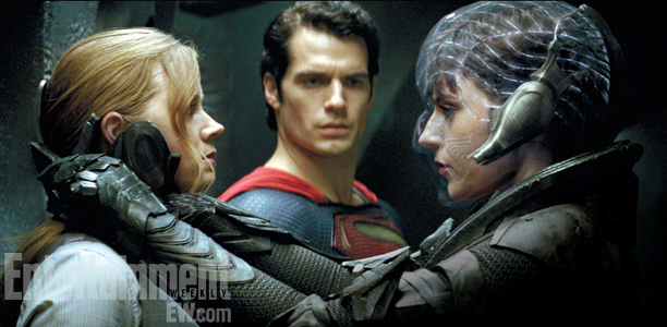 Lois Lane (Amy Adams), Superman (Henry Cavill) and Faora (Antje Traue)
